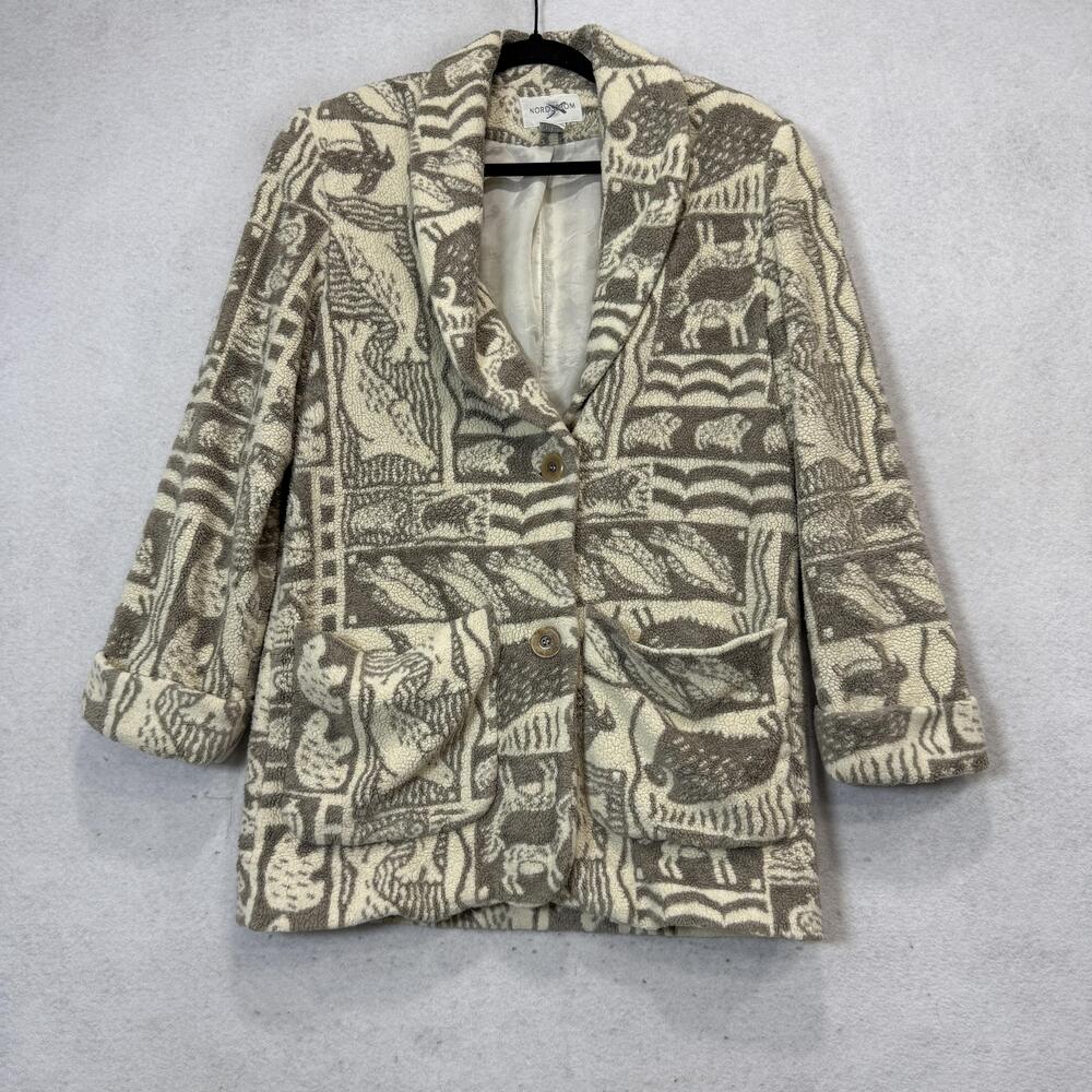Nordstrom Coat Womens Small Beige Animal Print Fleece Button Front Pockets Lined
